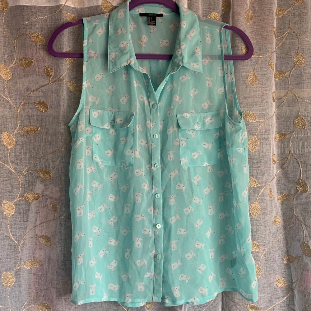 Forever 21 White Bunny Sleeveless Collar Top